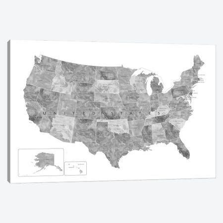 Gray Watercolor Map Of The Usa With States And State Capitals Canvas Print #RLZ229} by blursbyai Canvas Art Print