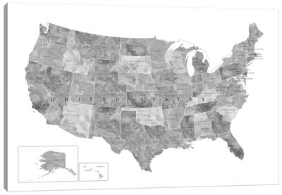 Gray Watercolor Map Of The Usa With States And State Capitals Canvas Art Print - blursbyai