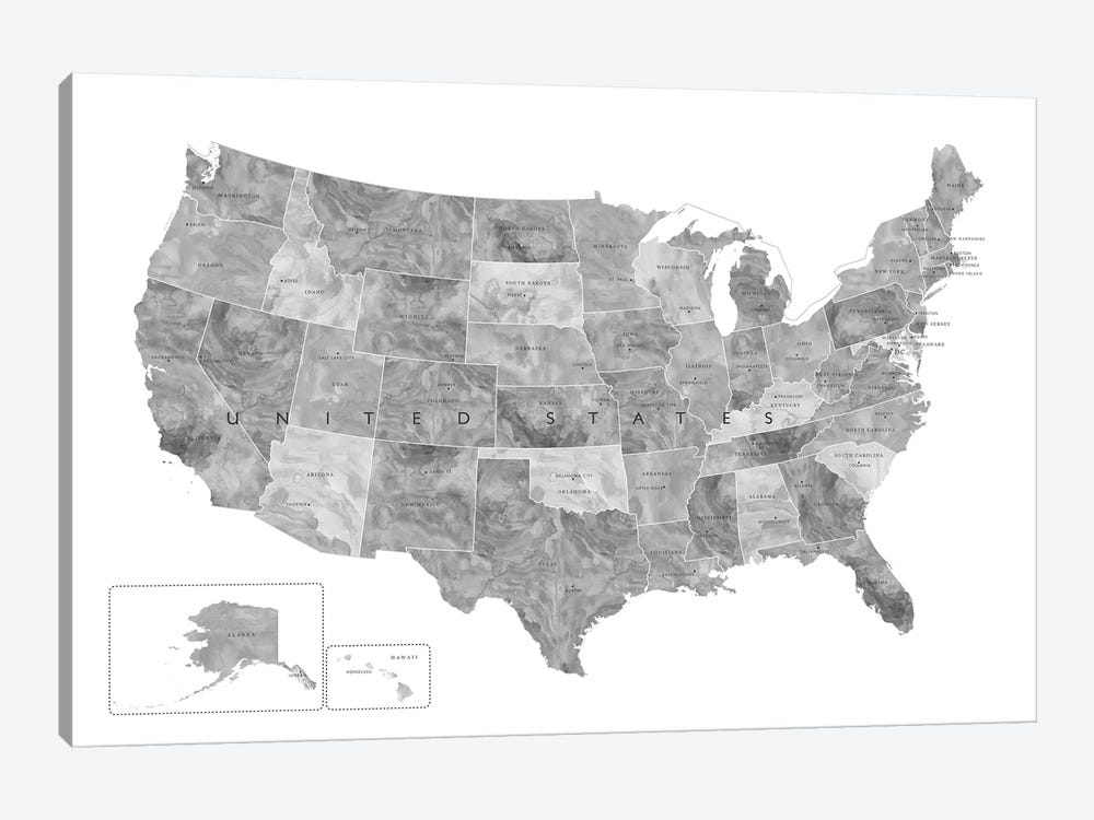 Gray Watercolor Map Of The Usa With States And State Capitals by blursbyai 1-piece Canvas Artwork