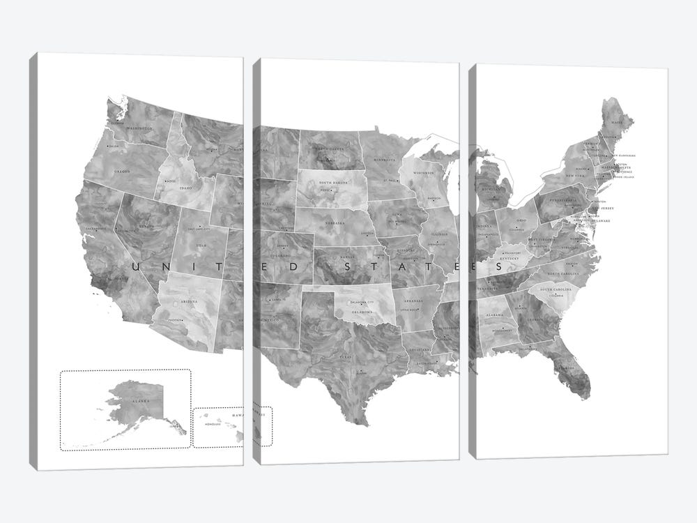Gray Watercolor Map Of The Usa With States And State Capitals by blursbyai 3-piece Canvas Artwork