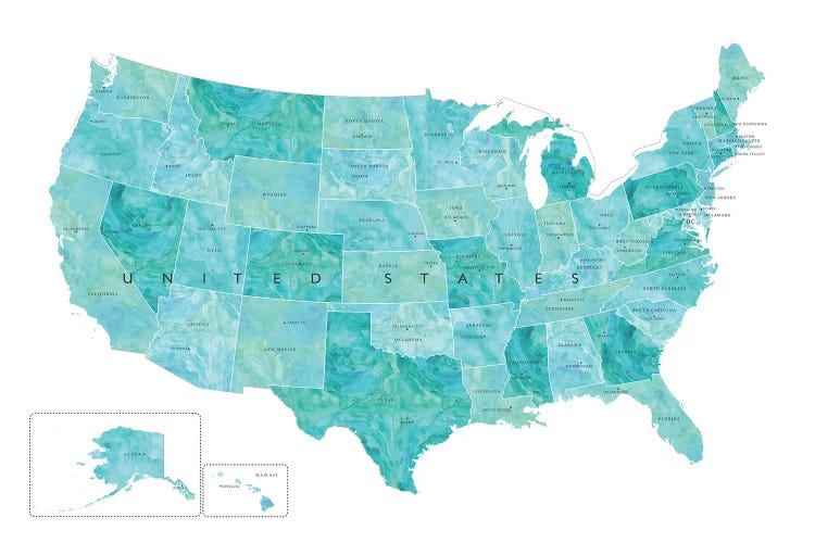 Aquamarine Watercolor Map Of The Usa With States And State Capitals by blursbyai canvas print