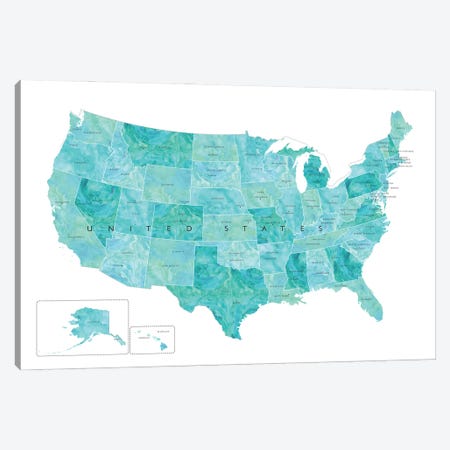 Aquamarine Watercolor Map Of The Usa With States And State Capitals Canvas Print #RLZ230} by blursbyai Canvas Wall Art