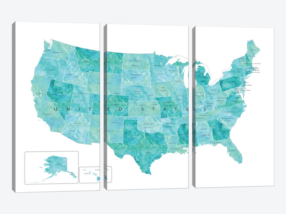 Aquamarine Watercolor Map Of The Usa With States And State Capitals by blursbyai 3-piece Canvas Artwork