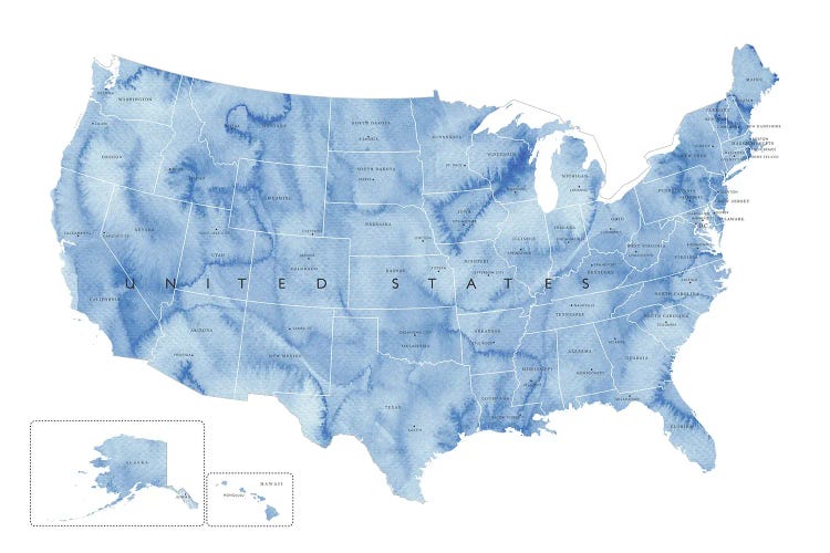 Blue Watercolor Map Of The Usa With States And State Capitals