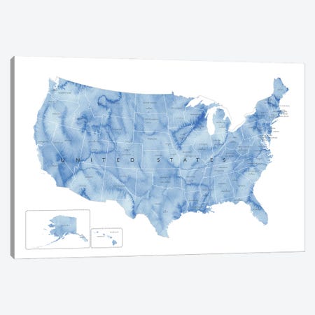 Blue Watercolor Map Of The Usa With States And State Capitals Canvas Print #RLZ231} by blursbyai Canvas Art
