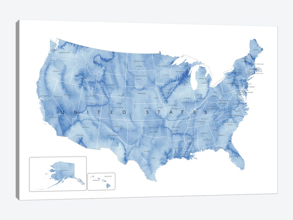 Blue Watercolor Map Of The Usa With States And State Capitals by blursbyai 1-piece Art Print