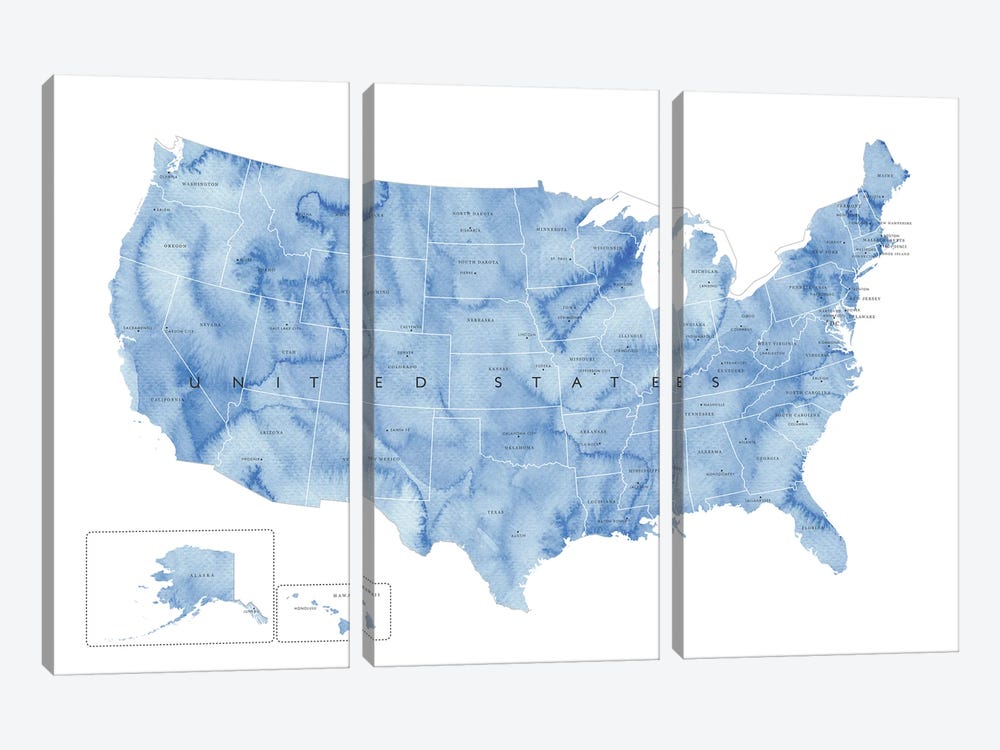 Blue Watercolor Map Of The Usa With States And State Capitals by blursbyai 3-piece Canvas Print
