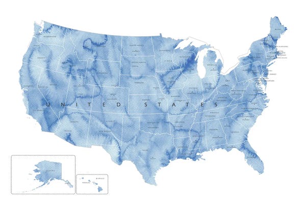 blursbyai: Blue Watercolor Map Of The Usa With States And State Capitals by blursbyai