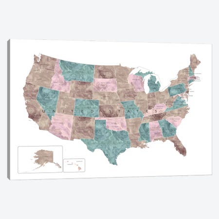 Watercolor Map Of The Usa With States And State Capitals Canvas Print #RLZ232} by blursbyai Canvas Artwork