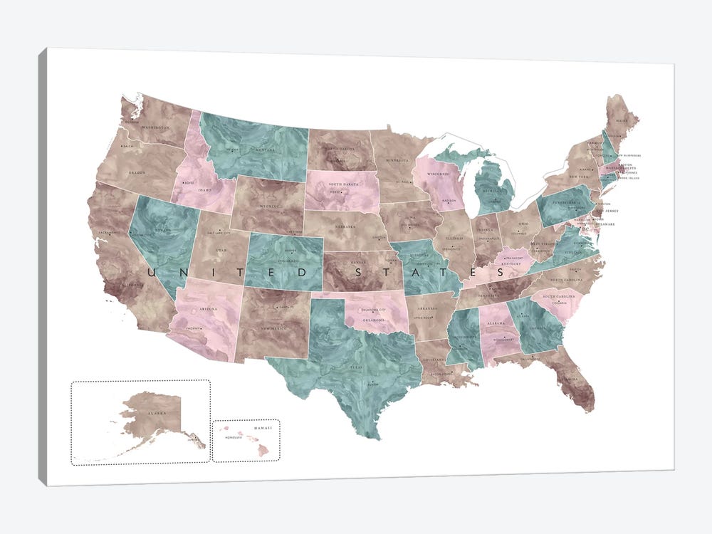 Watercolor Map Of The Usa With States And State Capitals by blursbyai 1-piece Canvas Artwork