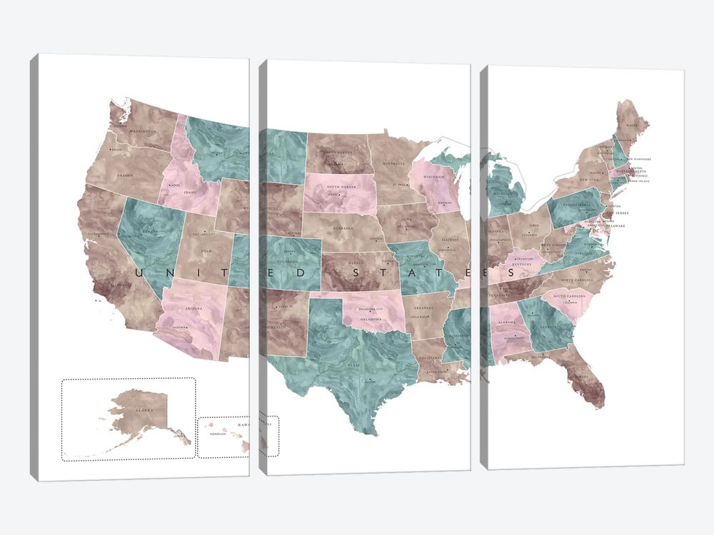 Watercolor Map Of The Usa With States And State Capitals by blursbyai 3-piece Canvas Art