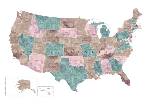 Large Map Art - Canvas Prints: Watercolor Map Of The Usa With States And State Capitals by blursbyai