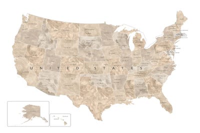 Neutral Watercolor Map Of The Usa With States And State Capitals by blursbyai canvas print