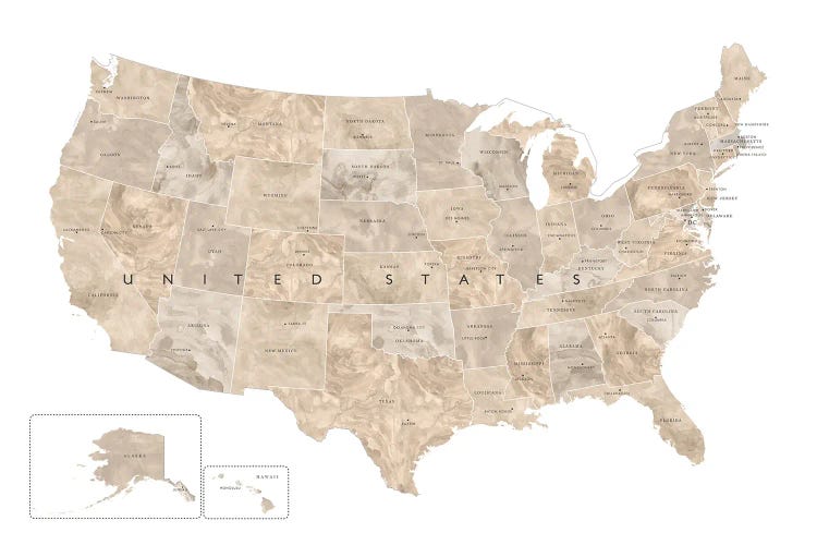 Neutral Watercolor Map Of The Usa With States And State Capitals by blursbyai wall art