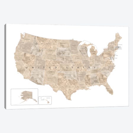 Neutral Watercolor Map Of The Usa With States And State Capitals Canvas Print #RLZ233} by blursbyai Canvas Artwork