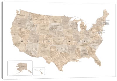 Neutral Watercolor Map Of The Usa With States And State Capitals Canvas Art Print - USA Maps