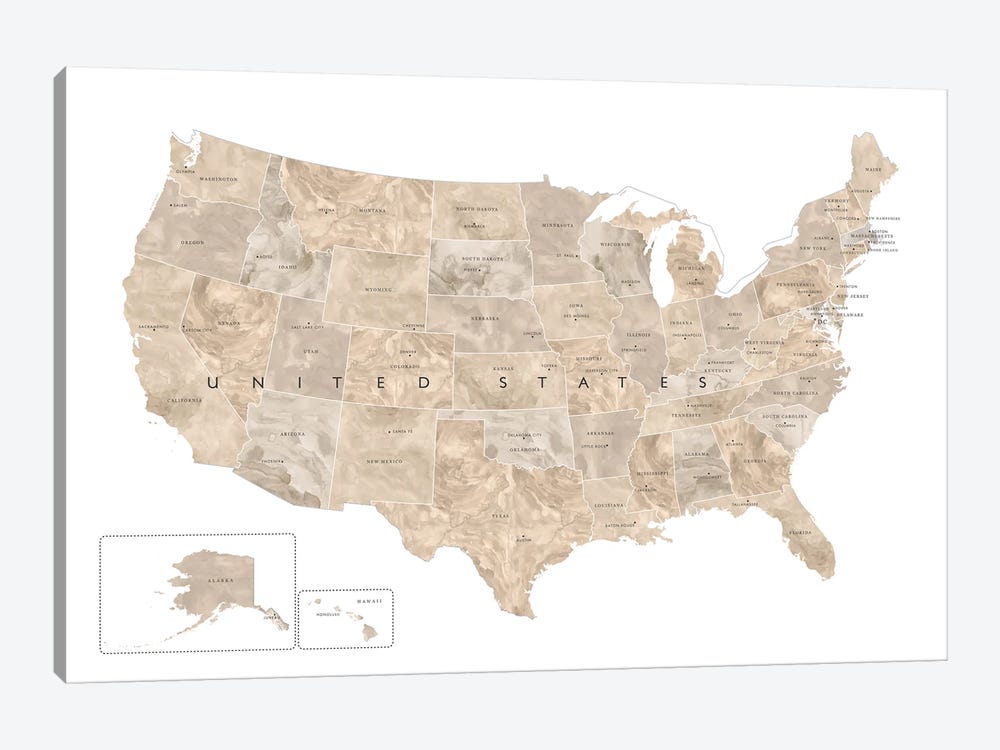 Neutral Watercolor Map Of The Usa With States And State Capitals by blursbyai 1-piece Art Print