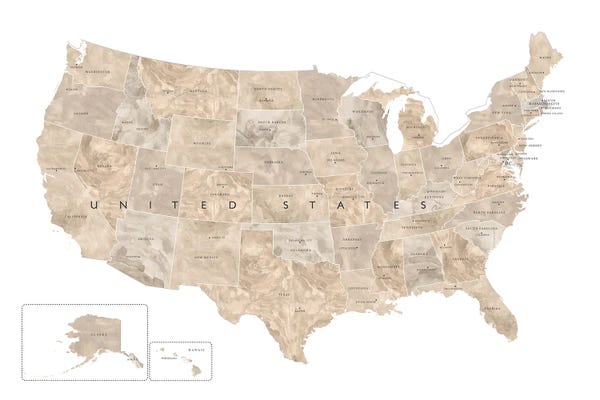 blursbyai: Neutral Watercolor Map Of The Usa With States And State Capitals by blursbyai