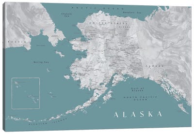 Gray And Teal Watercolor Detailed Map Of Alaska Canvas Art Print - Maps
