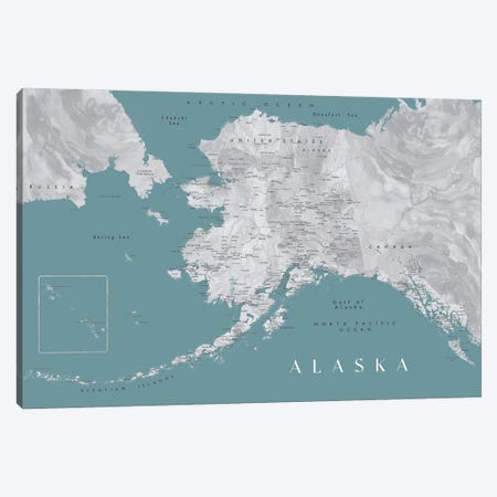 Gray And Teal Watercolor Detailed Map Of Alaska Canvas Print #RLZ234} by blursbyai Art Print