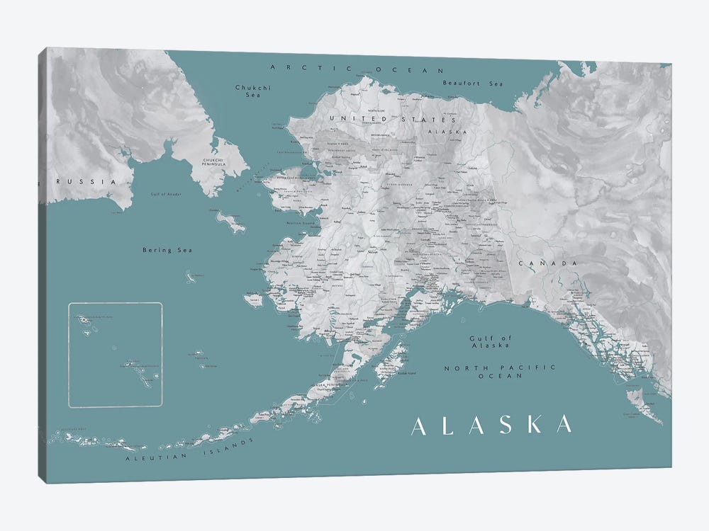 Gray And Teal Watercolor Detailed Map Of Alaska by blursbyai 1-piece Canvas Wall Art
