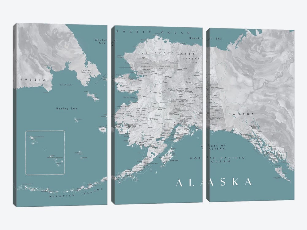 Gray And Teal Watercolor Detailed Map Of Alaska by blursbyai 3-piece Canvas Artwork
