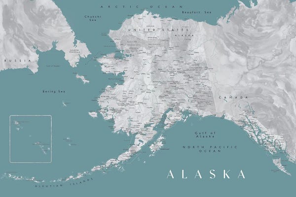 blursbyai: Gray And Teal Watercolor Detailed Map Of Alaska by blursbyai