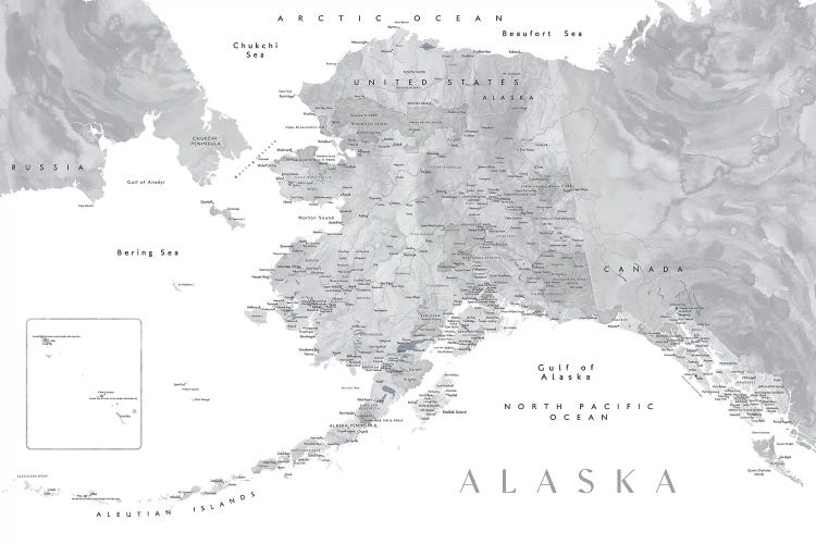 Gray Watercolor Detailed Map Of Alaska