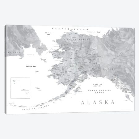 Gray Watercolor Detailed Map Of Alaska Canvas Print #RLZ235} by blursbyai Canvas Print