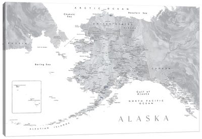 Gray Watercolor Detailed Map Of Alaska Canvas Art Print - State Maps
