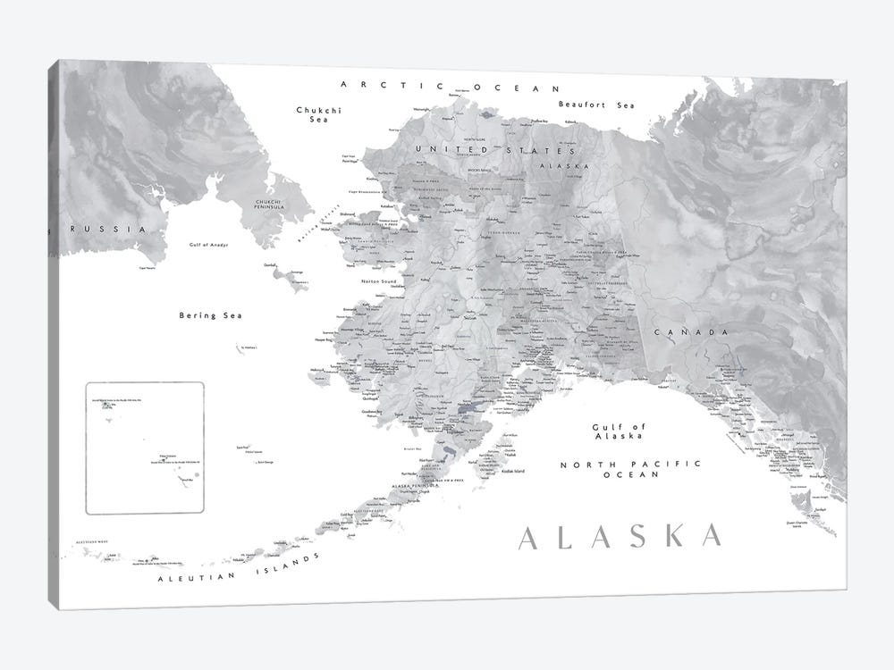 Gray Watercolor Detailed Map Of Alaska by blursbyai 1-piece Canvas Print