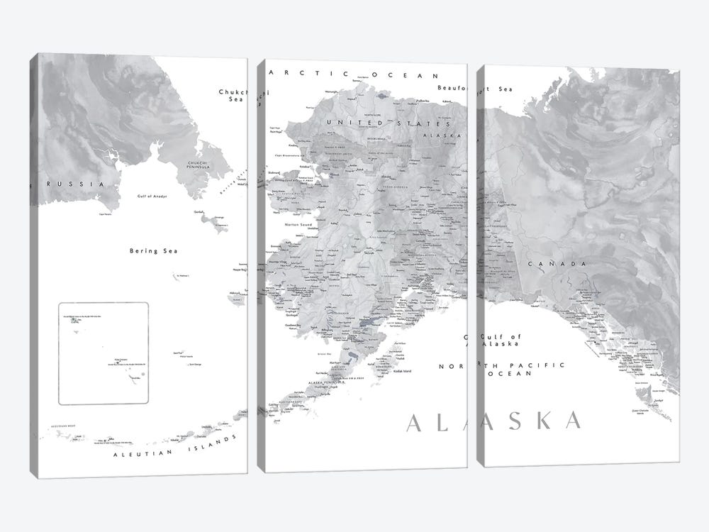 Gray Watercolor Detailed Map Of Alaska by blursbyai 3-piece Canvas Print