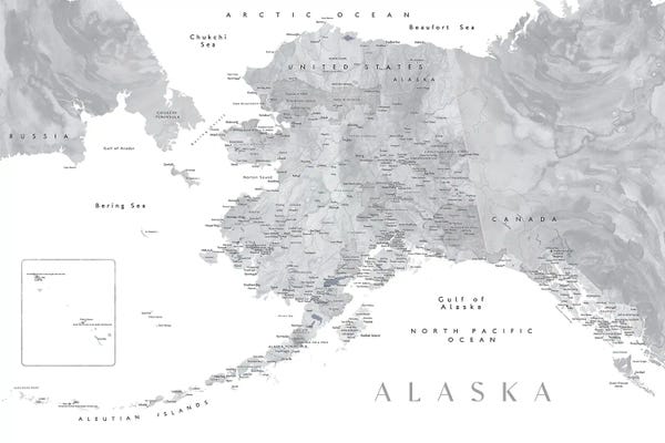 blursbyai: Gray Watercolor Detailed Map Of Alaska by blursbyai