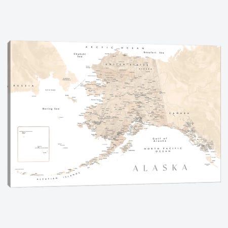Neutral Watercolor Detailed Map Of Alaska Canvas Print #RLZ236} by blursbyai Canvas Art Print