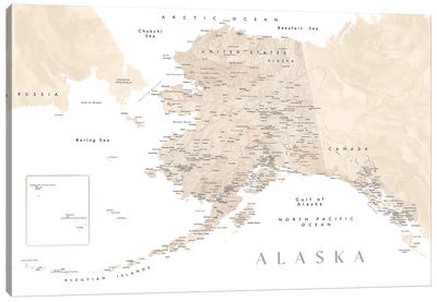 Neutral Watercolor Detailed Map Of Alaska Canvas Art Print - State Maps