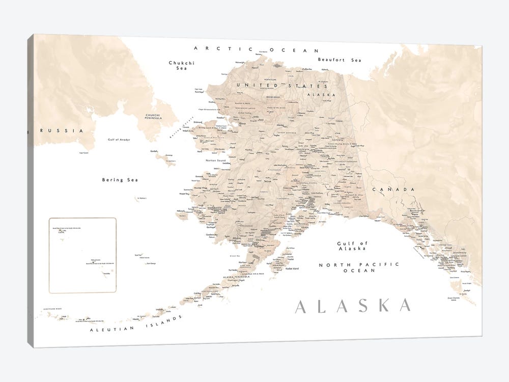 Neutral Watercolor Detailed Map Of Alaska by blursbyai 1-piece Canvas Artwork