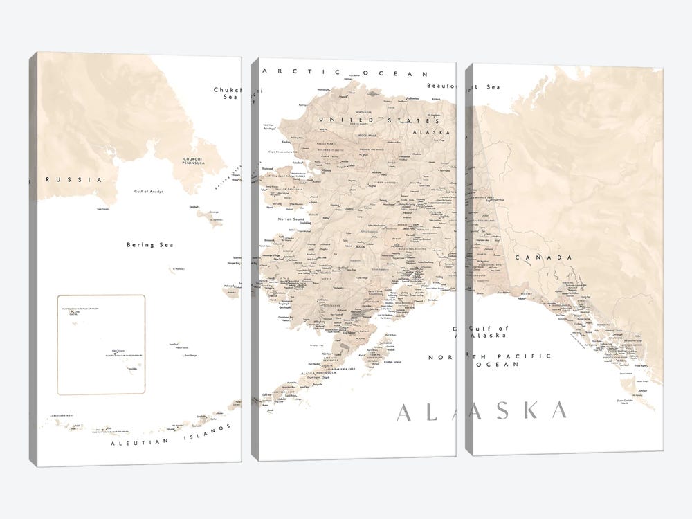 Neutral Watercolor Detailed Map Of Alaska by blursbyai 3-piece Canvas Art