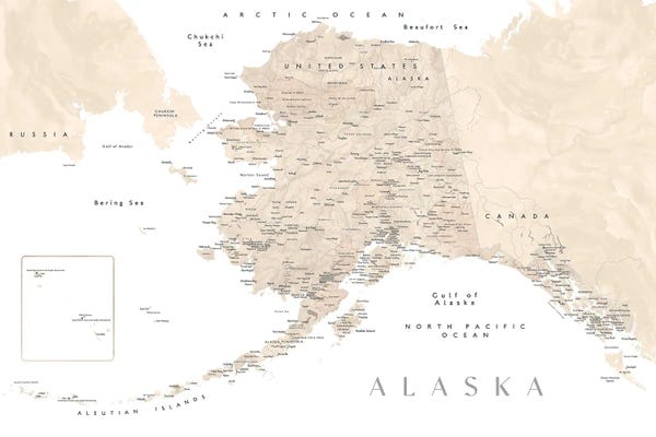 Large Map Art - Canvas Prints: Neutral Watercolor Detailed Map Of Alaska by blursbyai