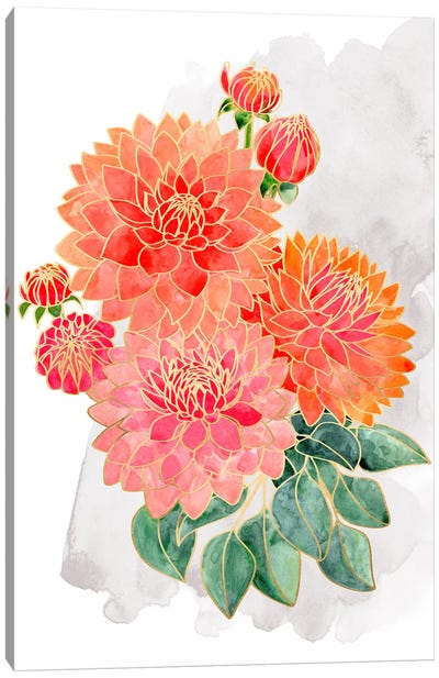 Pacey Dahlias Bouquet In Coral Watercolor Canvas Art Print - Dahlia Art