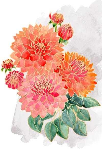 Dahlias: Pacey Dahlias Bouquet In Coral Watercolor by blursbyai