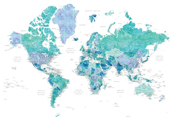 Large Map Art - Canvas Prints: Caribbean Waters Watercolor Detailed World Map by blursbyai