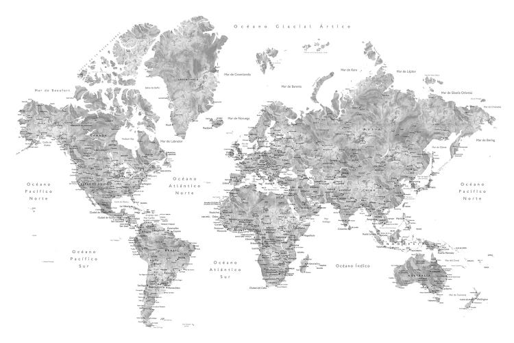 Gray Watercolor World Map With Labels In Spanish by blursbyai wall art