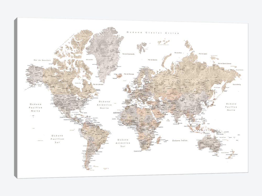 Neutral Watercolor World Map With Labels In Spanish by blursbyai 1-piece Canvas Artwork