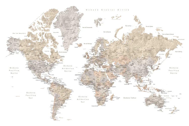 Neutral Watercolor World Map With Labels In Spanish