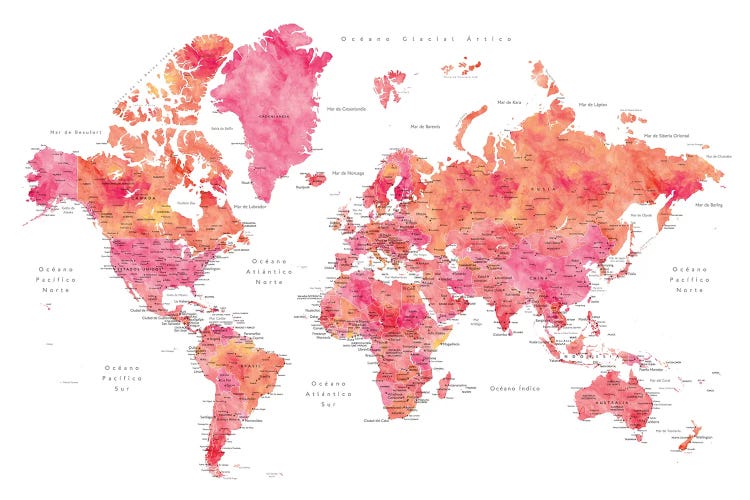 Labels In Spanish Hot Pink And Orange Watercolor World Map