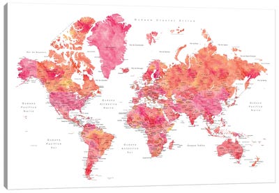 Labels In Spanish Hot Pink And Orange Watercolor World Map Canvas Art Print - blursbyai