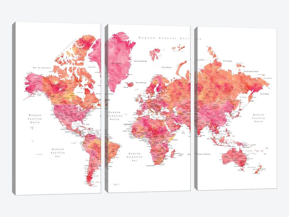 Labels In Spanish Hot Pink And Orange Watercolor World Map by blursbyai 3-piece Art Print