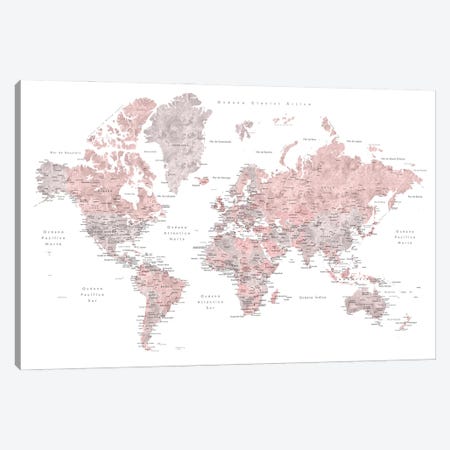 Labels In Spanish Dusty Pink And Grey World Map Canvas Print #RLZ252} by blursbyai Canvas Wall Art