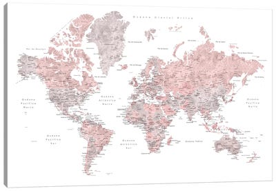 Labels In Spanish Dusty Pink And Grey World Map Canvas Art Print - World Map Art