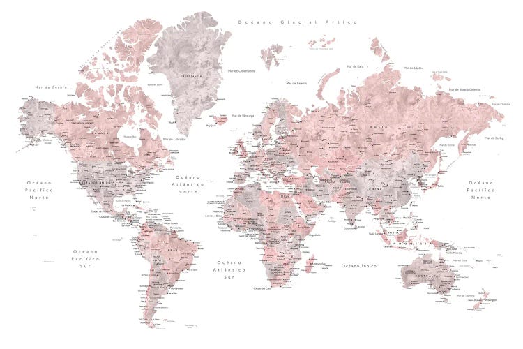 Labels In Spanish Dusty Pink And Grey World Map